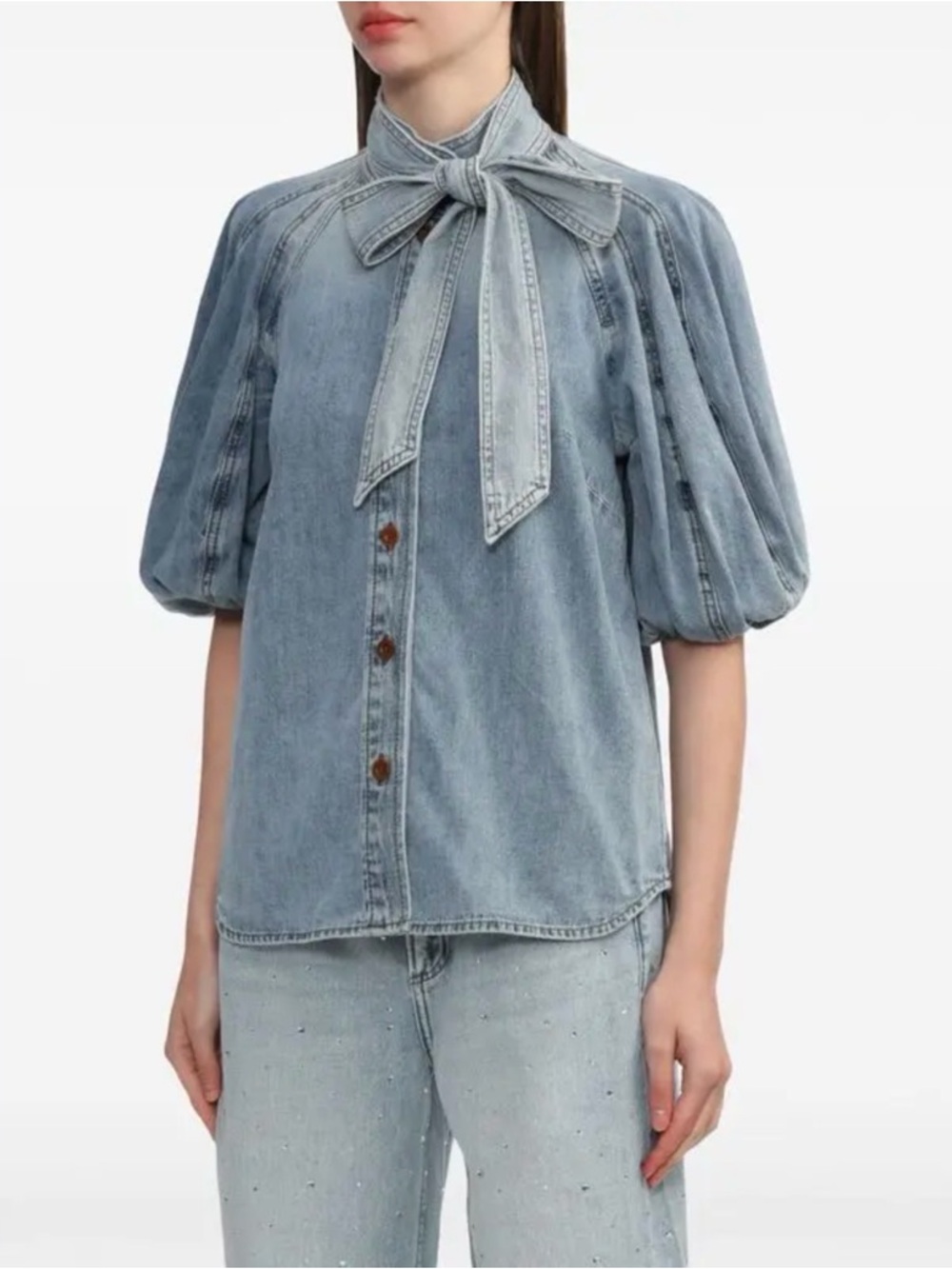 Vici Light Blue Denim Tie-Neck Puff Sleeve Blouse